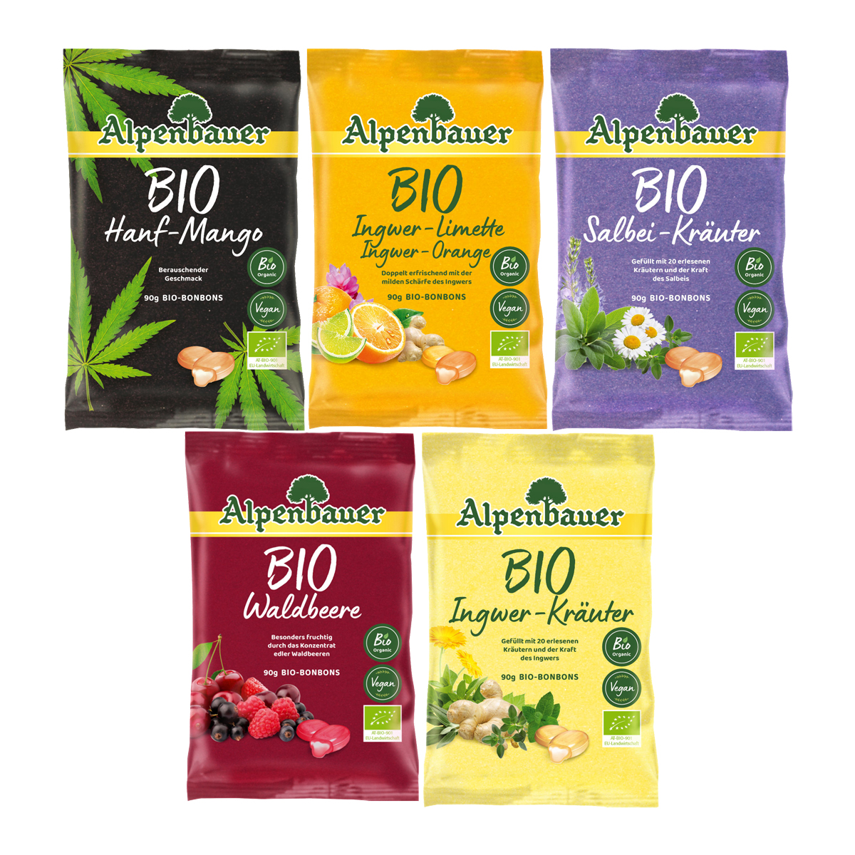 Alpenbauer Bio Bonbons fruchtig süß mit Honig Probierset 90g 5er Pack