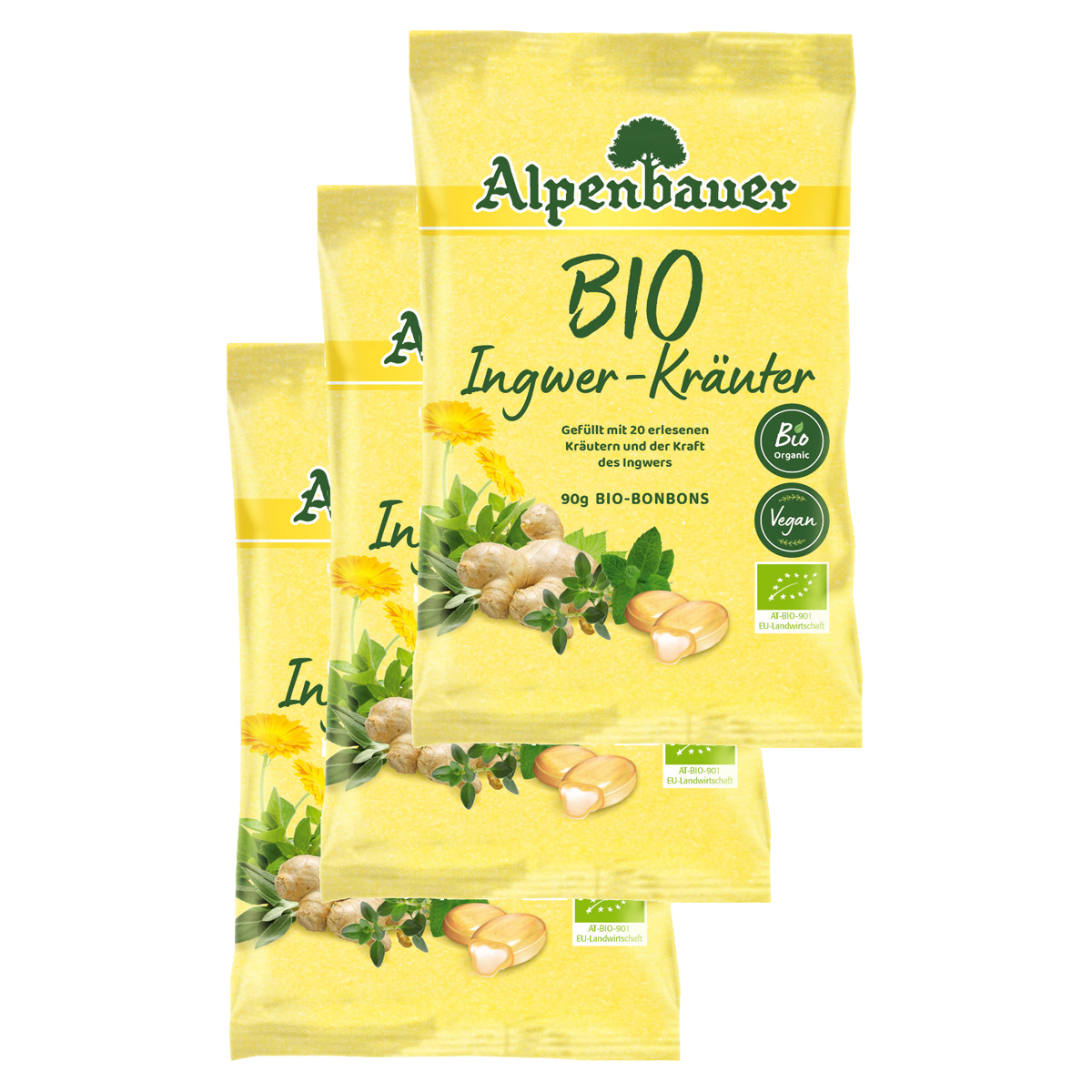Alpenbauer Bio Ingwer Kräuter Bonbons mit flüssigem Kern 90g 3er Pack