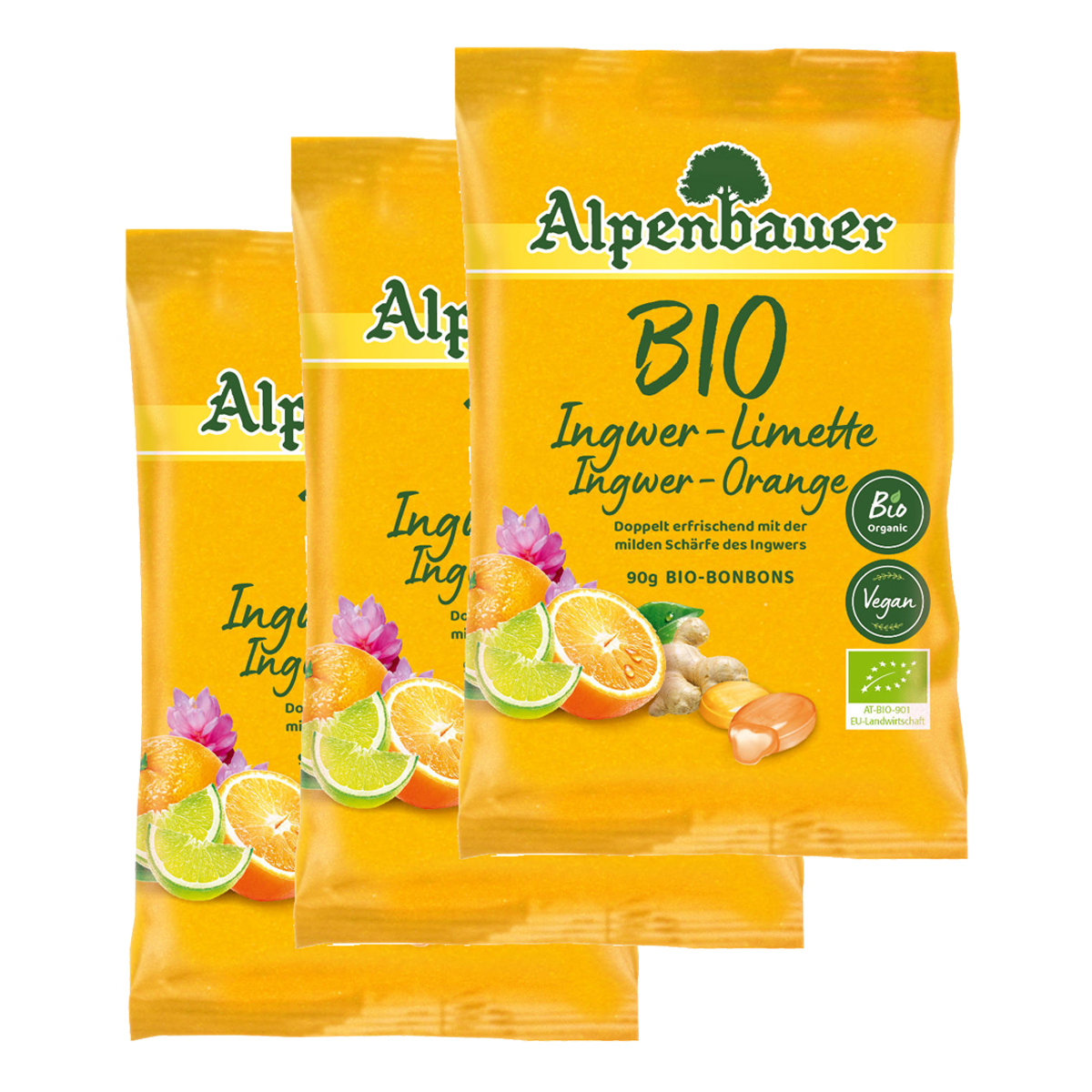 Alpenbauer Bio Ingwer Limette Ingwer Orange Bonbons 90g 3er Pack