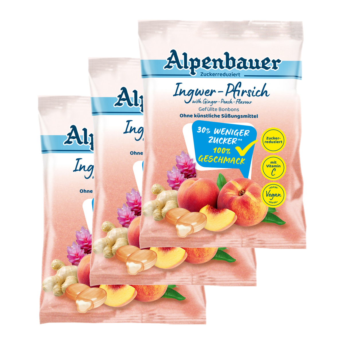 Alpenbauer Ingwer Pfirsich Bonbons zuckerreduziert 60g 3er Pack