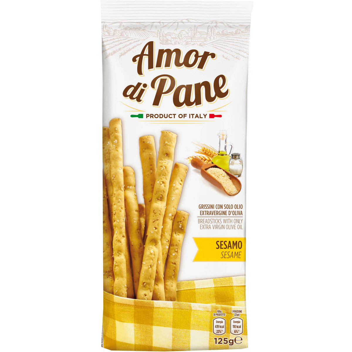 Amor di Pane knusprige Grissini mit Olivenöl und Sesam Geschmack 125g