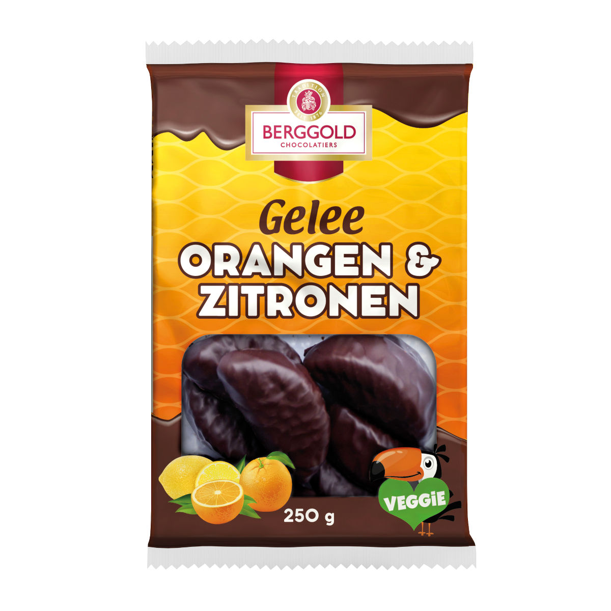 Berggold Gelee Orangen und Zitronen Schokolade Fruchtgelee 250g