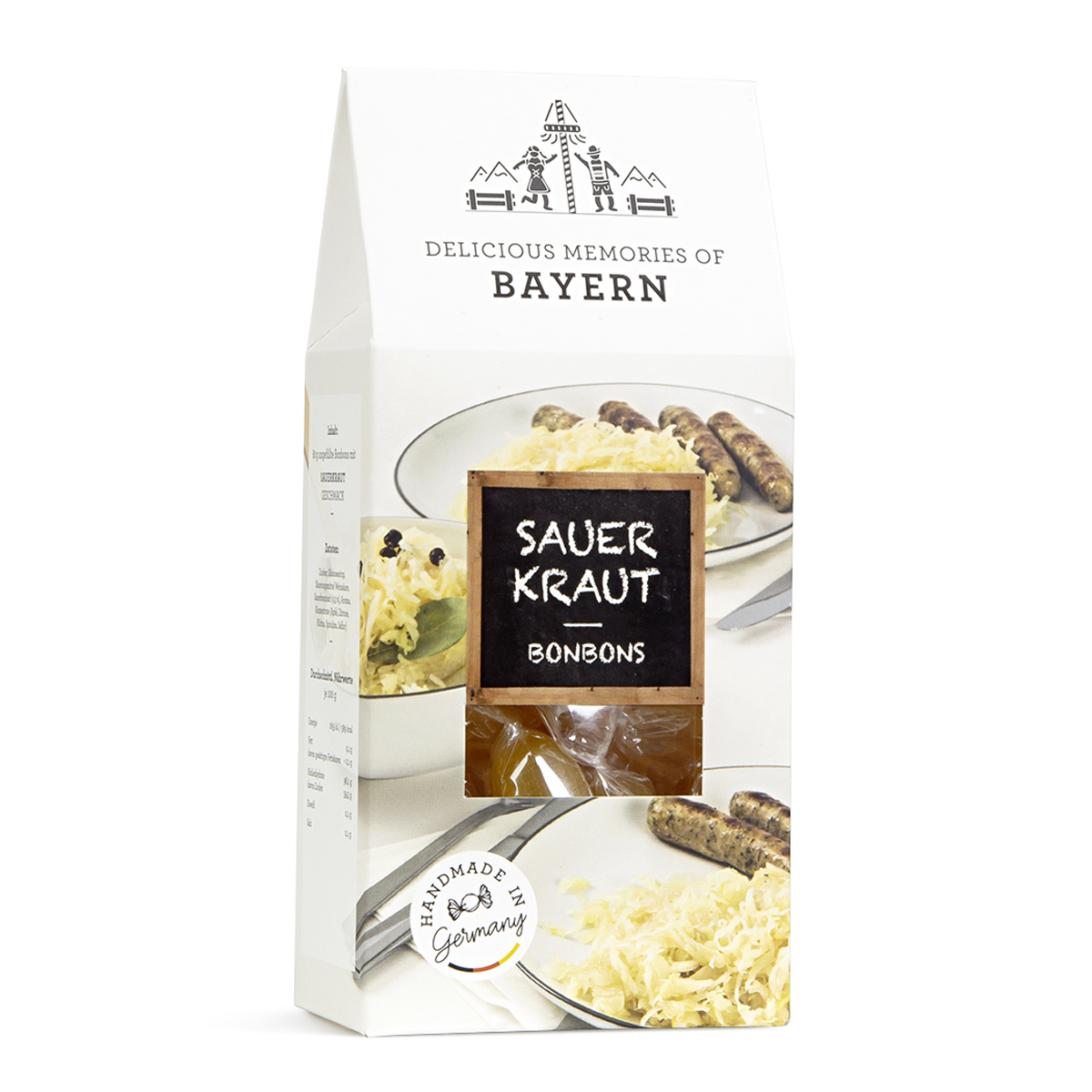 Edel Bonbons mit Sauerkraut Geschmack in einer Giebelbox 80g