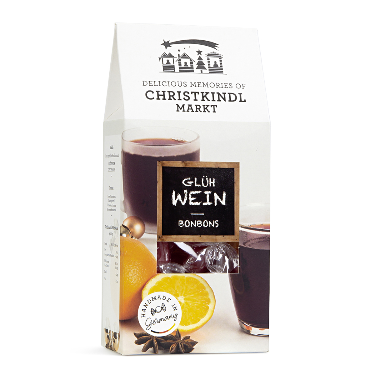 Edel Bonbons mit süßem Glühwein Geschmack in einer Giebelbox 80g