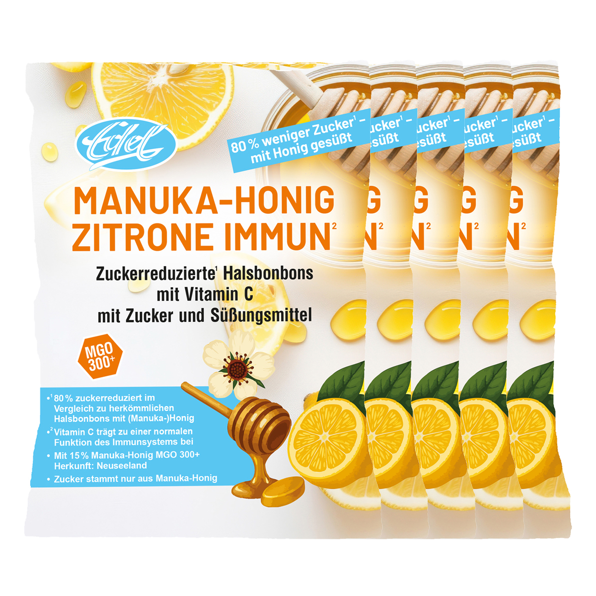 Edel Manuka Honig Zitrone Bonbons Immun zuckerreduziert 60g 5er Pack