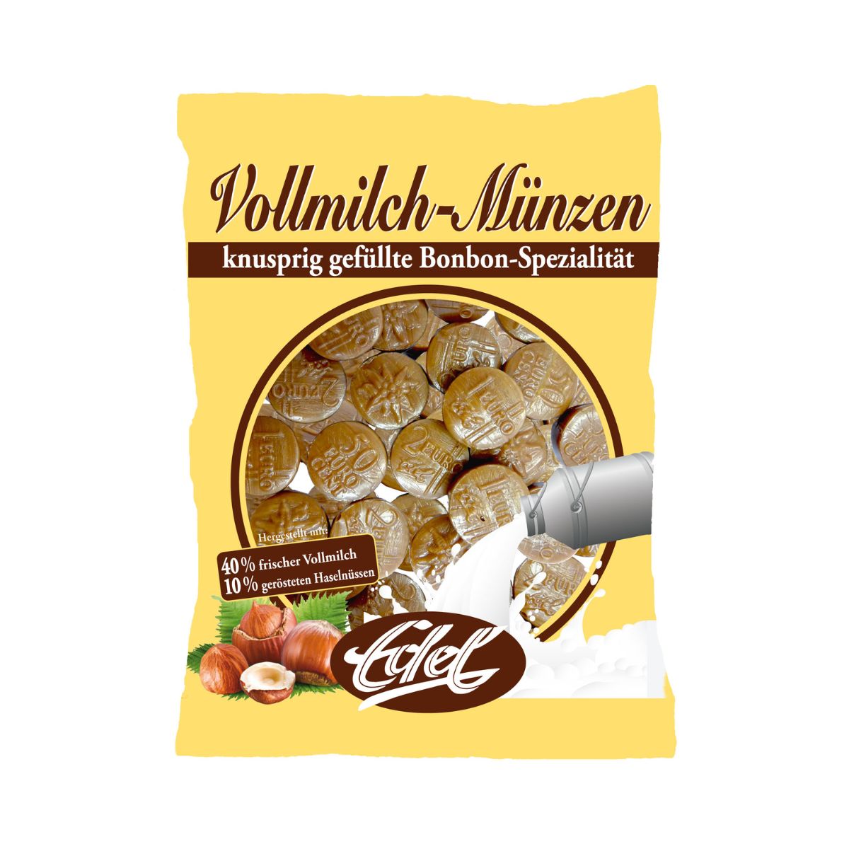 Edel Vollmilch Münzen gefüllt mit Milch und knuspriger Haselnuss 120g