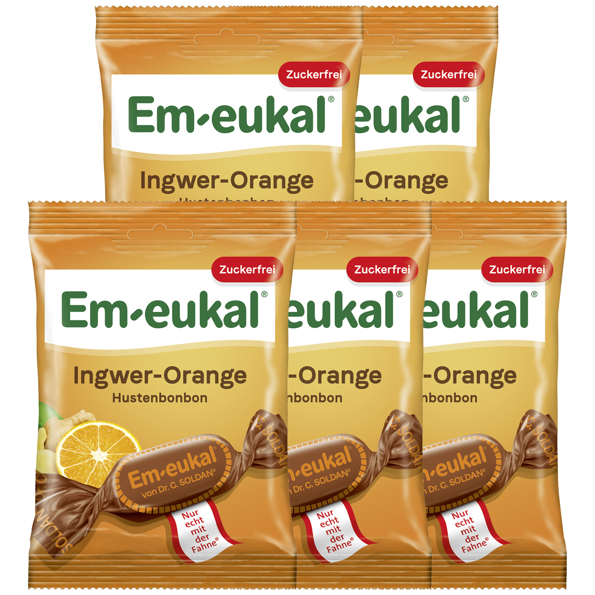 Em eukal Hustenbonbons Ingwer Orange fruchtig zuckerfrei 75g 5er Pack
