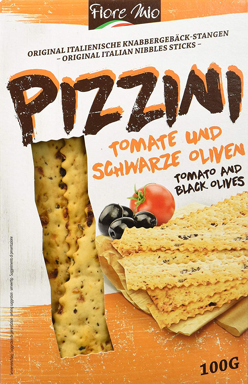 Fiore Mio Pizzini Gebäckstangen Tomaten und Schwarze Oliven 100g