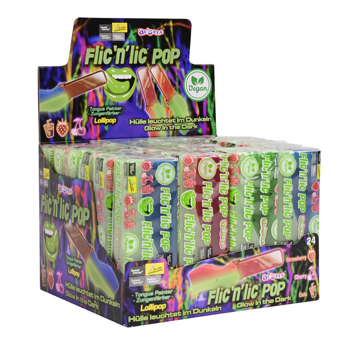 Flic n Lic Pop Glow in the Dark Lutscher leckerer Lolly 14g 24er Pack