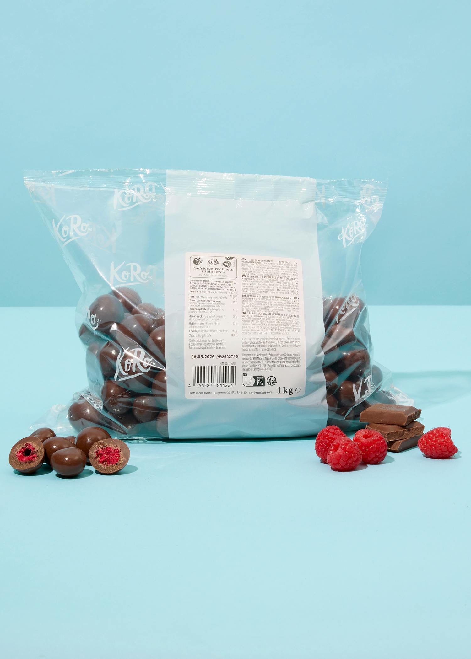 Freeze-dried raspberries in milk chocolate 1kg