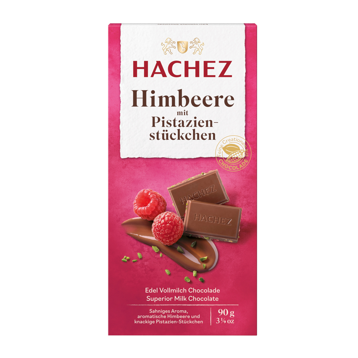 Hachez Himbeere mit Pistazienstückchen Edelvollmilchschokolade 90g