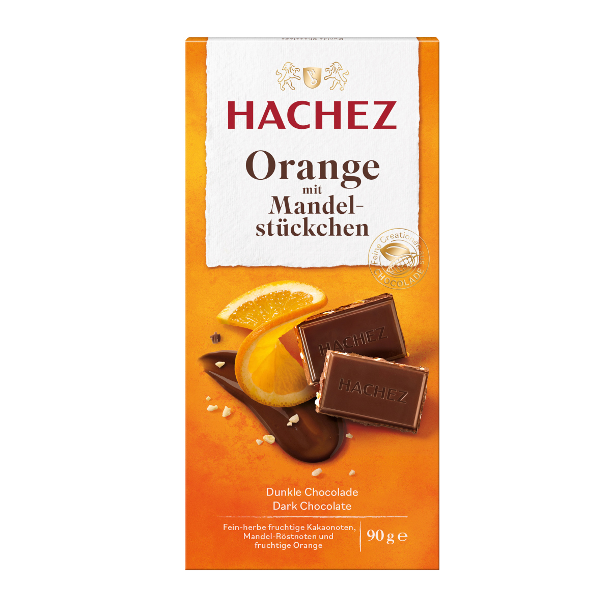 Hachez Orange mit Mandelstückchen Dunkle Schokoladentafel 90g
