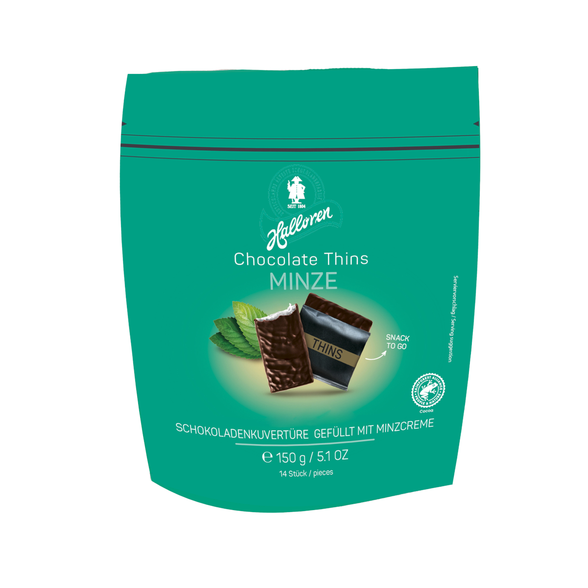 Halloren Chocolate Thins Mint mit Pfefferminzcreme Packung 150g