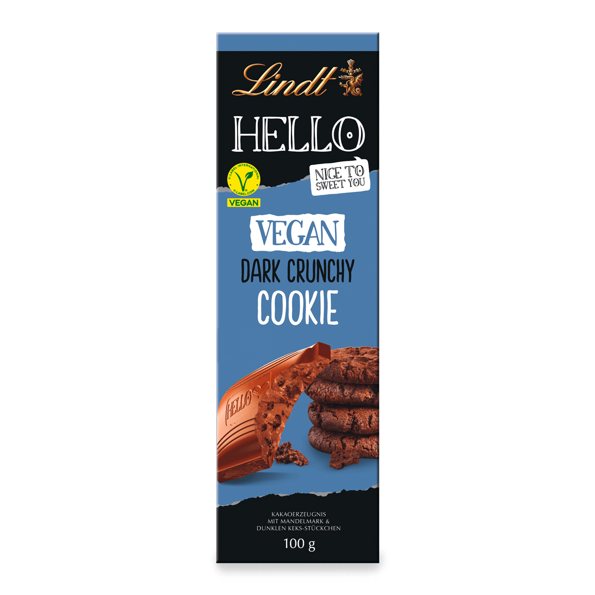 Lindt Hello Vegan Dark Crunchy Cookie mit dunklen Keksstückchen 100g